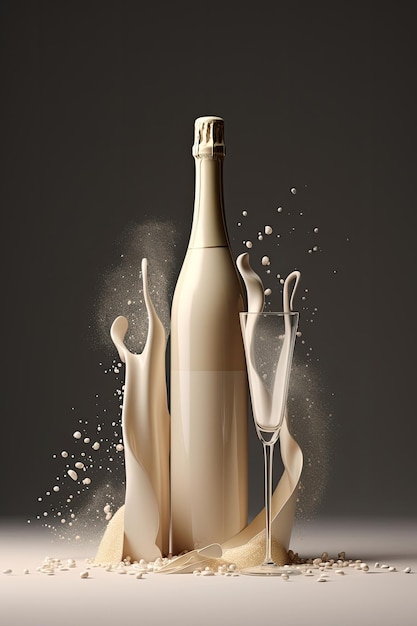 Creative design with festive bottle of champagne with splashesPoster flyer card AI generative