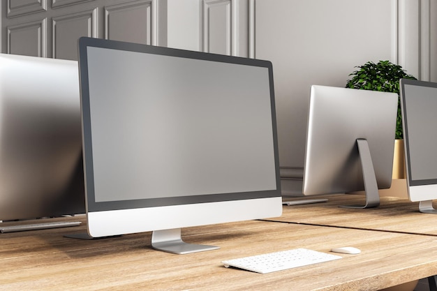 Creative designer desktop with empty computer screen Workplace concept Mock up 3D Rendering