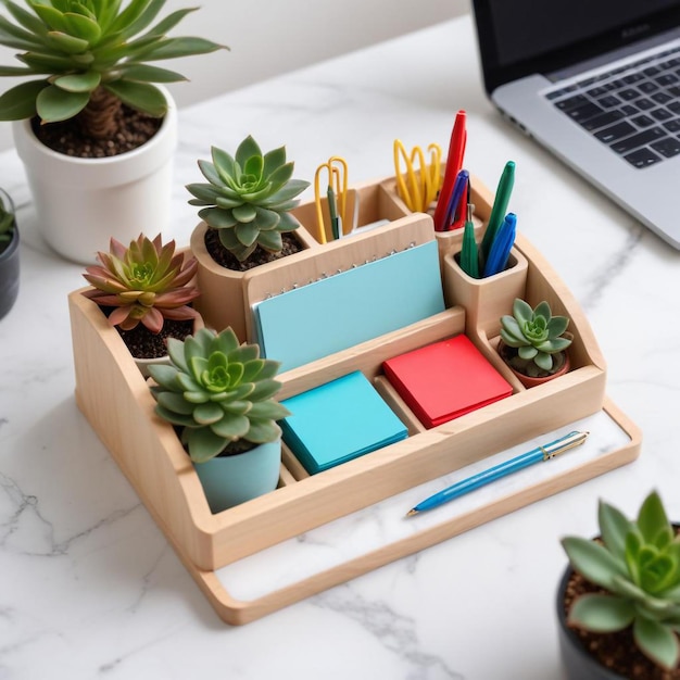 Photo creative desk organization ideas with a box of office supplies for a clutterfree workspace