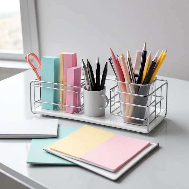 Photo creative desk organization ideas with a box of office supplies for a clutterfree workspace