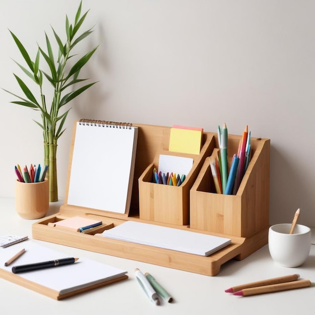 Photo creative desk organization ideas with a box of office supplies for a clutterfree workspace