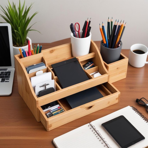 Photo creative desk organization ideas with a box of office supplies for a clutterfree workspace