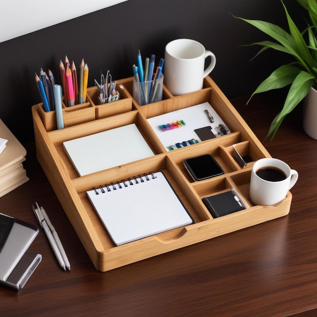 Photo creative desk organization ideas with a box of office supplies for a clutterfree workspace