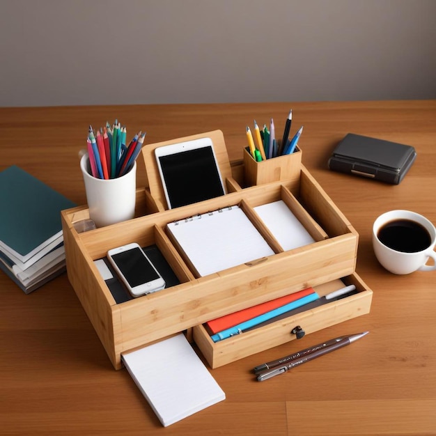 Photo creative desk organization ideas with a box of office supplies for a clutterfree workspace