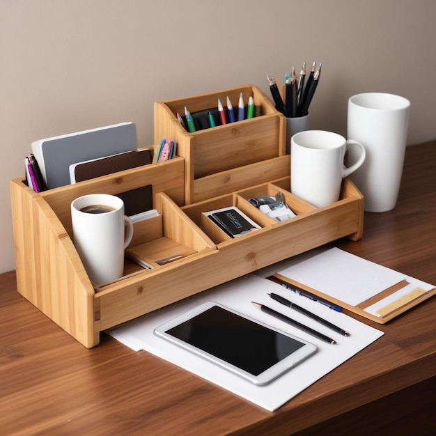 Photo creative desk organization ideas with a box of office supplies for a clutterfree workspace