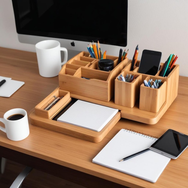 Photo creative desk organization ideas with a box of office supplies for a clutterfree workspace