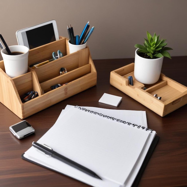 Photo creative desk organization ideas with a box of office supplies for a clutterfree workspace