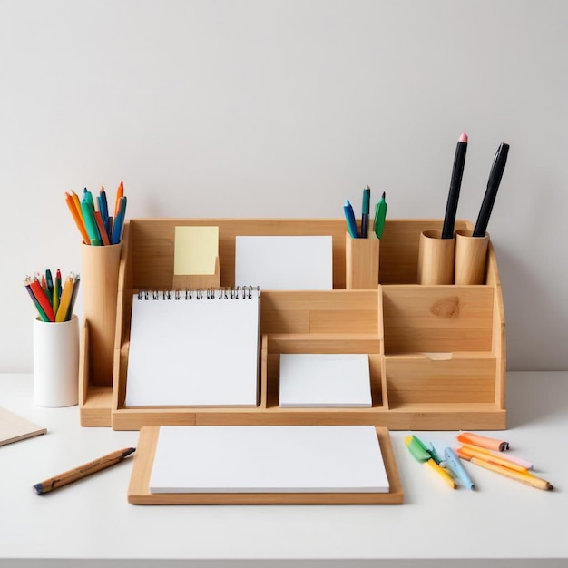 Photo creative desk organization ideas with a box of office supplies for a clutterfree workspace