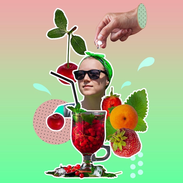 Photo creative digital collage stylish young woman in bandana with cold cocktail fruit berries hand ice cu