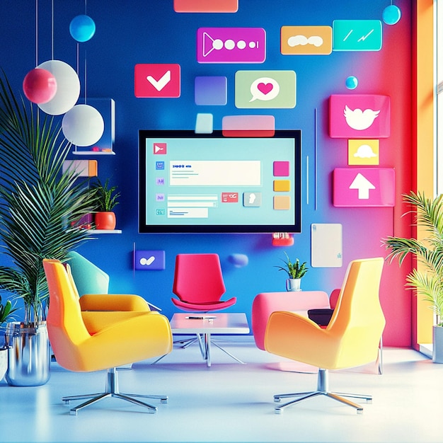 Creative Digital Marketing Workspace with Colorful Social Media Icons and Modern Technology