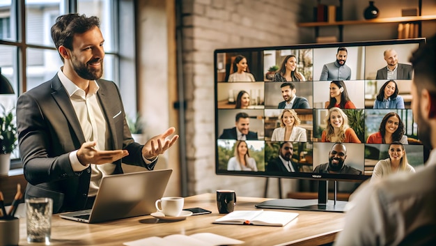 Photo creative director showcasing innovative concepts in a virtual meeting with polished interface scene