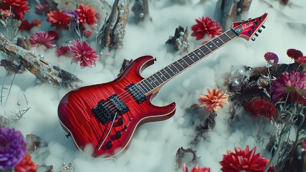 A creative display featuring a electric guitar amidst a burst of vibrant flowers and billowing