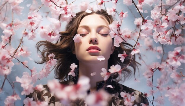 Photo a creative double exposure photo blending cherry blossoms with a portrait