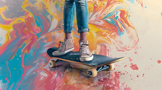 Creative drawing collage picture of cropped woman legs wear new shoes ride skate board isolated on painted background