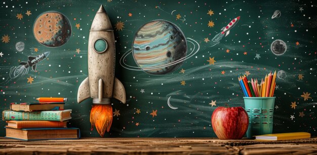 Creative education concept with rocket drawing on a chalkboard surrounded by books apple and colored pencils