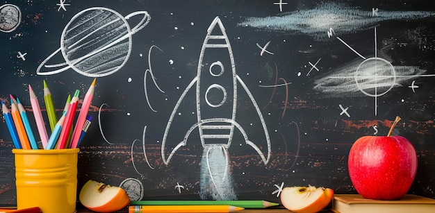 Creative education concept with a rocket drawn on a chalkboard surrounded by books and colorful