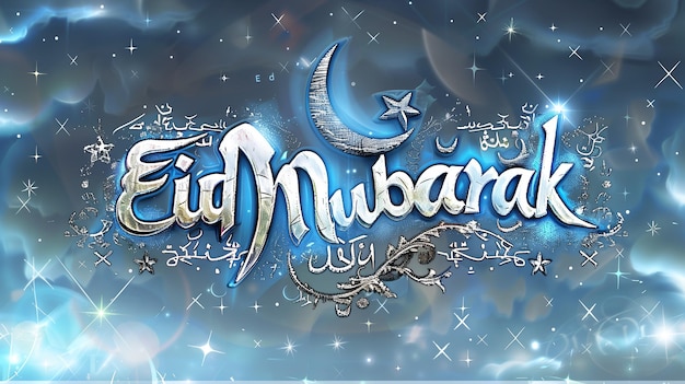 Creative Eid Mubarak typography in a mix of blue and silver with a backdrop of starry night sky and crescent moon elements