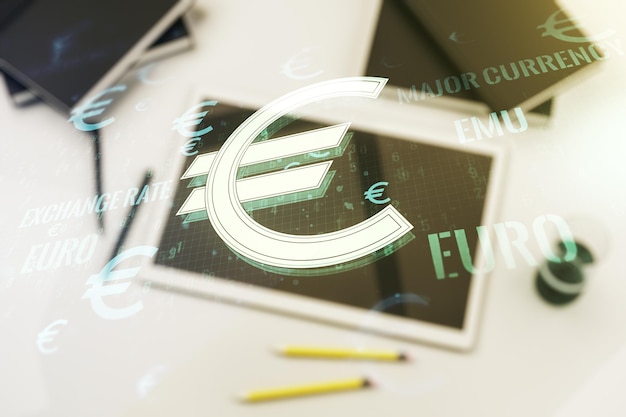 Creative EURO symbols illustration and modern digital tablet on desktop on background top view forex and currency concept Multiexposure