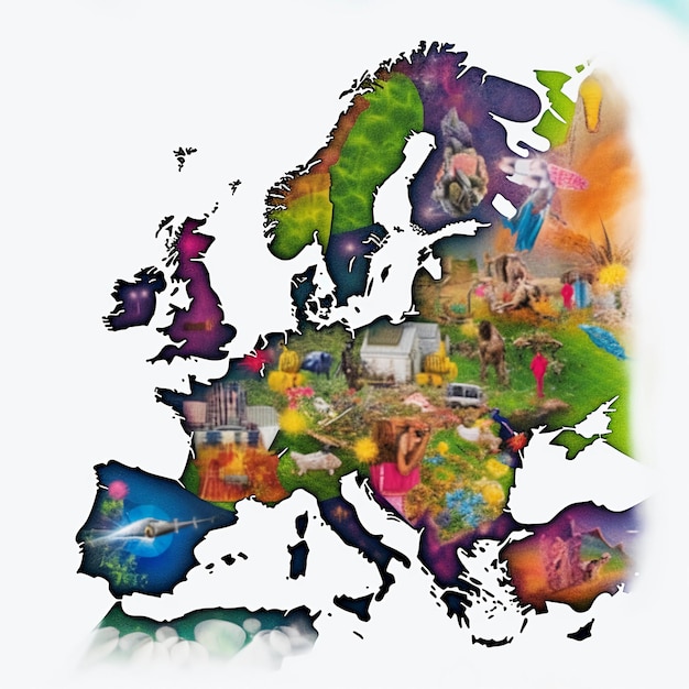 A creative Europe map with lots of nature drawn in bright colors