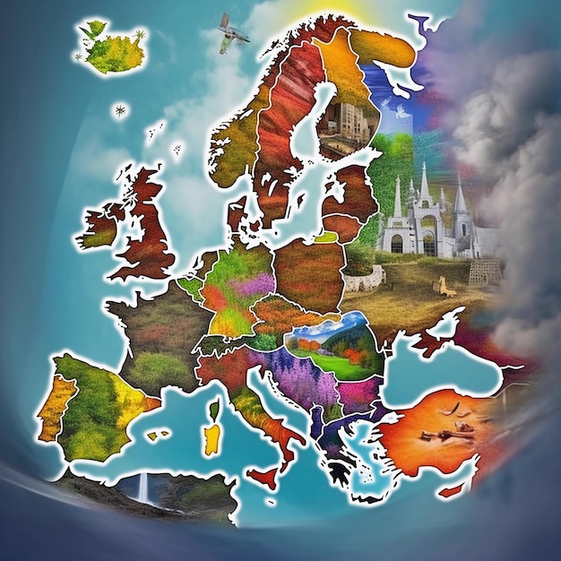 A creative Europe map with lots of nature drawn in bright colors