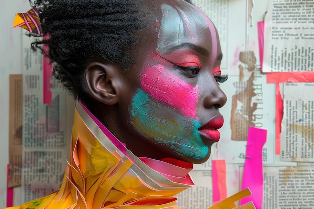 Creative face paint on woman with colorful artistic makeup and abstract background