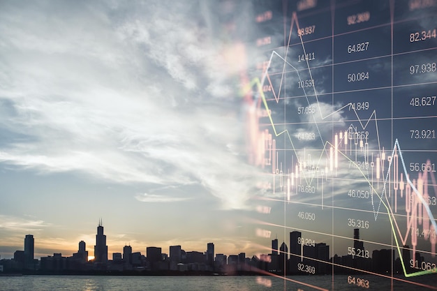 Creative falling red index candlestick graph on blurry city background with mock up place in sky Crisis market fall recession and money loss concept Double exposure