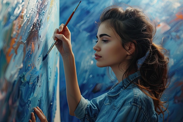 Creative female artist painting with brush on canvas