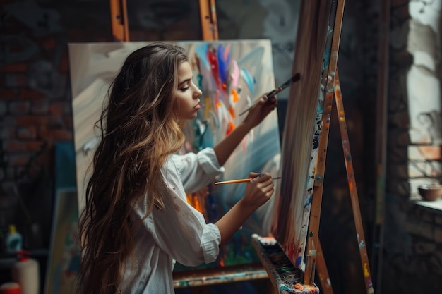 Creative female artist painting with brush on canvas