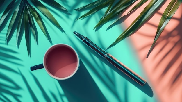 Photo creative flat lay of everyday objects like a coffee mug pen and plant