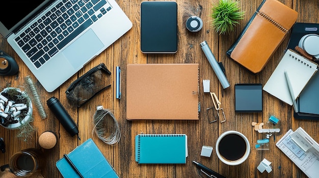 A Creative Flat Lay of Gadgets Coffee and Stationery