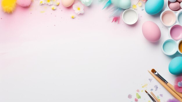 Creative Flat Lay of Pastel Easter Egg Drawings and Art Supplies on a Pastel Background