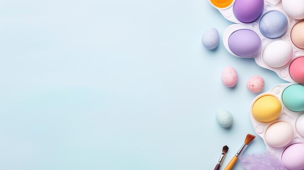 Creative Flat Lay of Pastel Easter Egg Drawings and Art Supplies on a Pastel Background