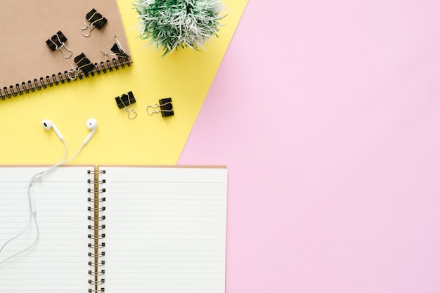 Creative flat lay photo of workspace desk. Top view office desk with blank notebooks