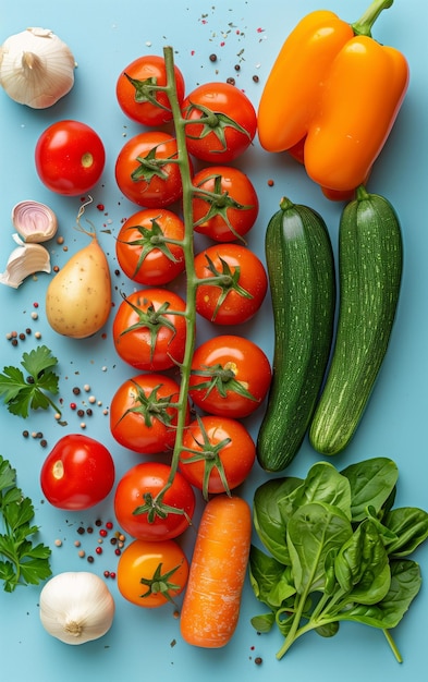 Creative flat lay with healthy organic and colorful fruits and vegetables on blue background