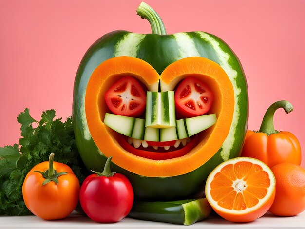 Photo creative flatlay face carving of vegetables and fruits vegan concept