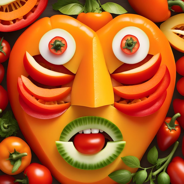 creative flatlay face made of vegetables and fruits vegan concept