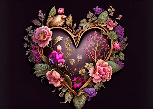 Creative flowers heart over dark background Top view AI Generated