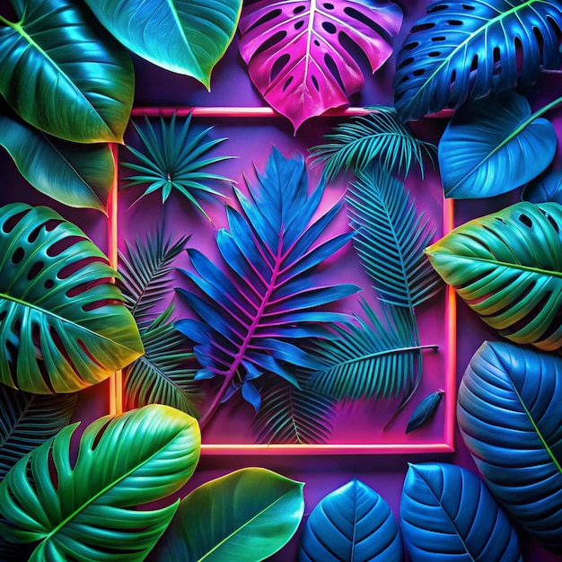 Creative fluorescent color layout made of tropical leaves Flat lay neon colors Nature concept