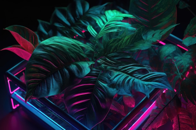 Creative fluorescent color layout made of tropical leaves with neon light square AI generated