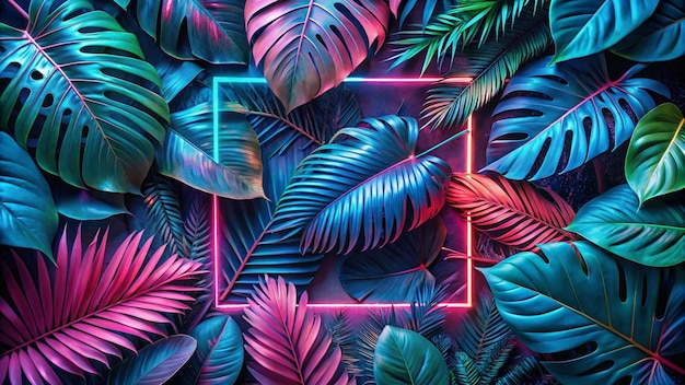 Creative fluorescent color layout made of tropical leaves with neon light square Flat lay Nature concept