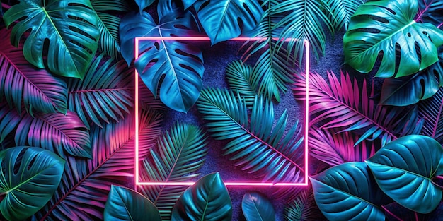 Creative fluorescent color layout made of tropical leaves with neon light square Flat lay Nature concept