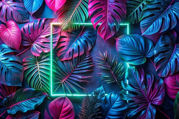 Creative fluorescent color layout made of tropical leaves with neon light square Flat lay Nature concept