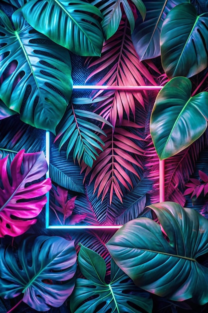 Creative fluorescent color layout made of tropical leaves with neon light square Flat lay Nature concept