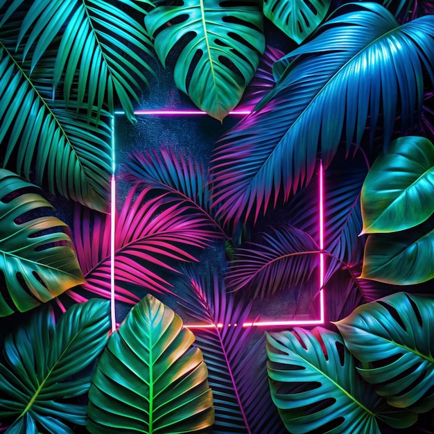 Creative fluorescent color layout made of tropical leaves with neon light square Flat lay Nature concept