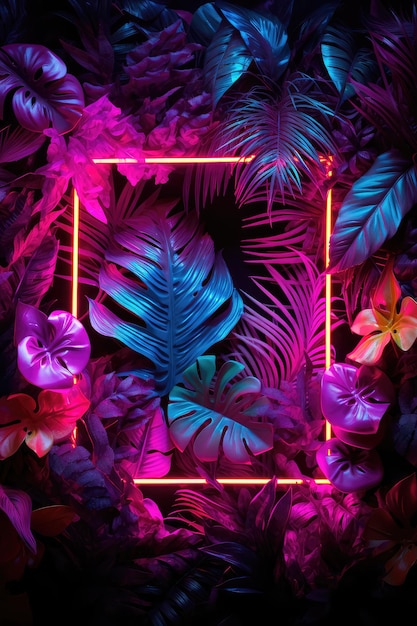 Creative fluorescent color layout made of tropical leaves with neon light square Generative AI