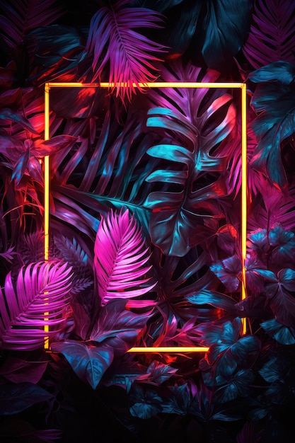 Creative fluorescent color layout made of tropical leaves with neon light square Generative AI