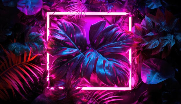 Creative fluorescent color layout made of tropical leaves with neon light square Generative AI