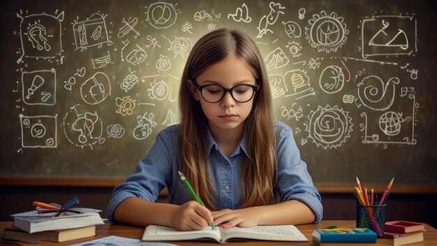 Photo creative focus young girl studying with imaginative doodles