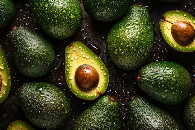 Creative food concept Fresh avocados avocado green adorned with glistening water droplets seamless mock up view top flat lay