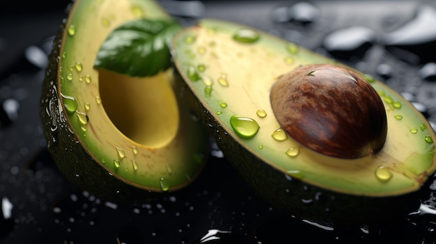 Photo creative food concept fresh avocados green adorned with glistening water droplets neural network ai generated